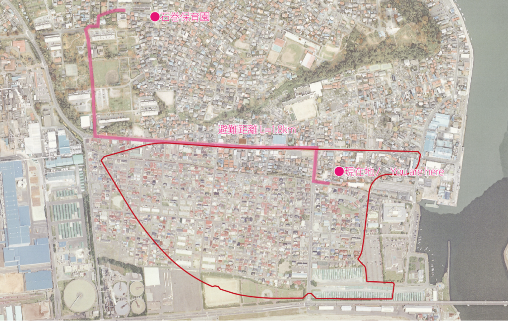 The escape route from Kadonowaki nursery school to Ishinomaki nursery school on the day